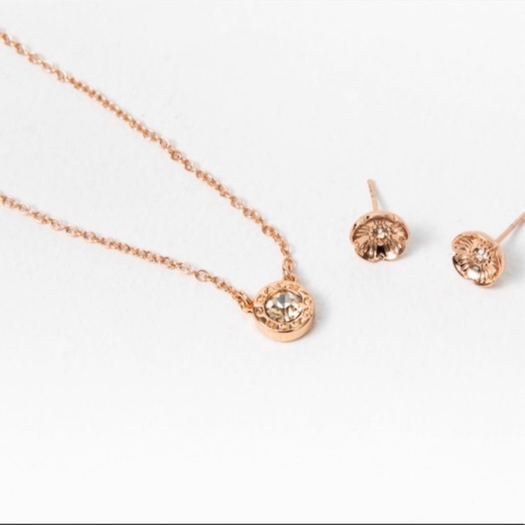 NWT Coach Rose Gold Open Circle Necklace And Tea Rose Stud Earrings Set - Picture 1 of 6